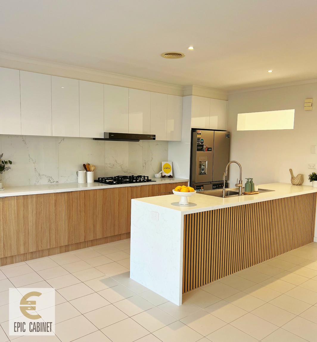 Mulgrave timber and white modern kitchen with stone benchtops